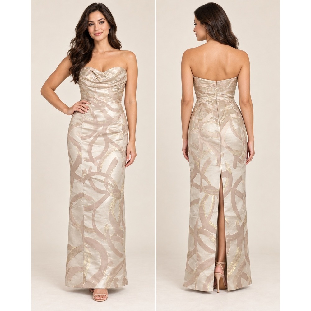 Donna Ricco Strapless Metallic Jacquard Gown Champagne Gold Abstract Swirl Dress